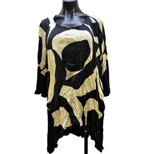 Alembika Crinkle Abstract Print Tunic Blouse Size 5/L Black & Beige